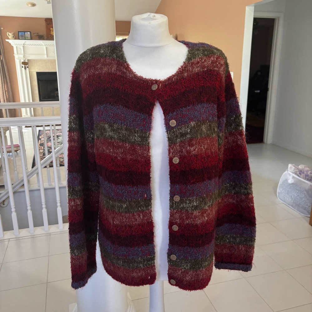 Christopher & Banks Mohair Blend Fall Rainbow Striped Cardigan Boho Size Large